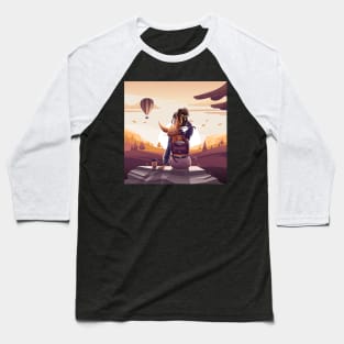 Illustration of a girl with a fox cub looking at the sunset Baseball T-Shirt